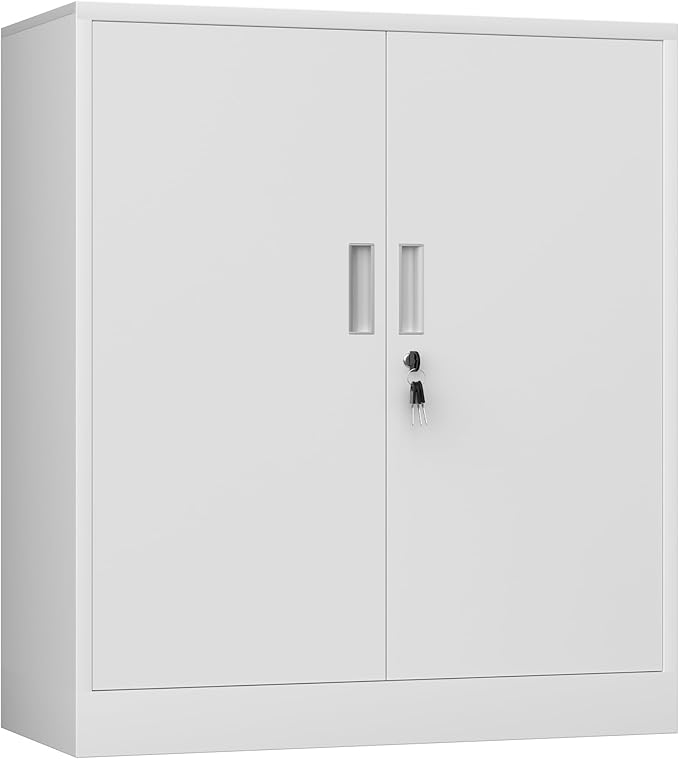 Metal Storage Cabinet with Locking Doors and 2 Adjustable Shelves, Small Lockable Steel Storage Cabinets for Home Office Garage Kitchen Pantry (White)