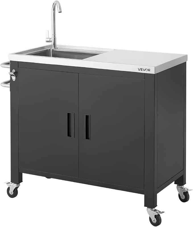 VEVOR Outdoor Grill Cart with Sink and Storage Cabinet, 38 Inch Grill Table, Waterproof Kitchen Island with Stainless Steel Top, Spice Rack, Wheel, Movable Food Prep Station for Patio Bar Backyard BBQ