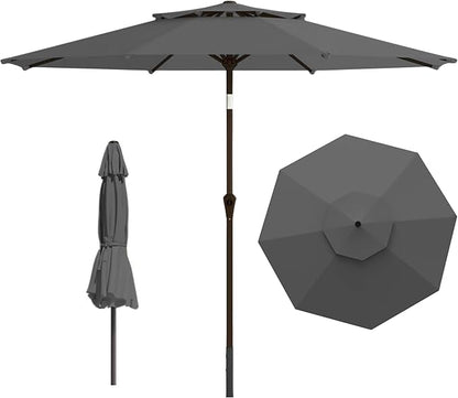 9ft 2-Tiers Patio Umbrella,Outdoor Market Table Umbrella with Push-Button Tilt & Crank | UV Protection,Suit for Backyard,Garden,Pool,Deck(Gray)