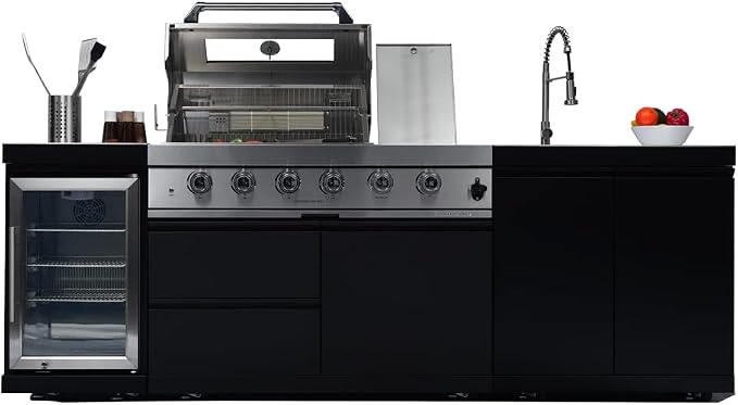 98" 4-Burner 72000 BTU Outdoor Kitchen Island,304 Stainless Steel Modular LPG BBQ Grill Combination With Granite Countertops, Storage Cabinet, Refrigerator and Sink (98"-Black&Sivler, Propane Gas)