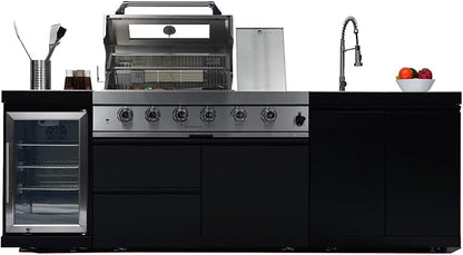 98" 4-Burner 72000 BTU Outdoor Kitchen Island,304 Stainless Steel Modular LPG BBQ Grill Combination With Granite Countertops, Storage Cabinet, Refrigerator and Sink (98"-Black&Sivler, Propane Gas)