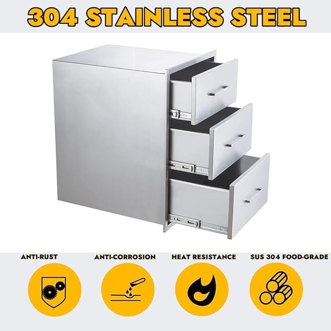 GarveeTech Outdoor Kitchen Drawers, 17x24 in Stainless Steel BBQ Drawer, Flush Mount Built-in 3-Drawer for Outdoor Kitchen Island & BBQ Islands, Silent, Fully Assembled, 17 in W x 18 in D x 24 in H
