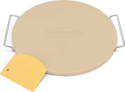 Unicook 12 Inch Round Pizza Stone for Oven and Grill, Comes with Carry Rack | Heat Resistant to 1450 ℉, Even Heating and Consistent Heat Retention, Crispy Crust for Fresh & Frozen Pizzas, Bread, Cookies