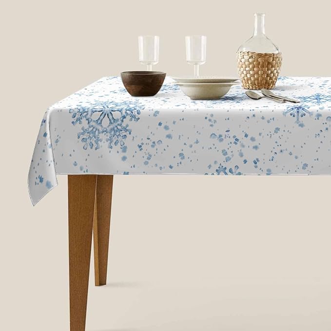 Snowflakes Decorative Rectangle Tablecloth Winter Blue Snow Splash Crystal Elegant Ice Spot Polyester Table Cloths Kitchen Table Cover for Dining BBQ Picnic Coffee Table 60 x 84 Inch 6-8 Seats