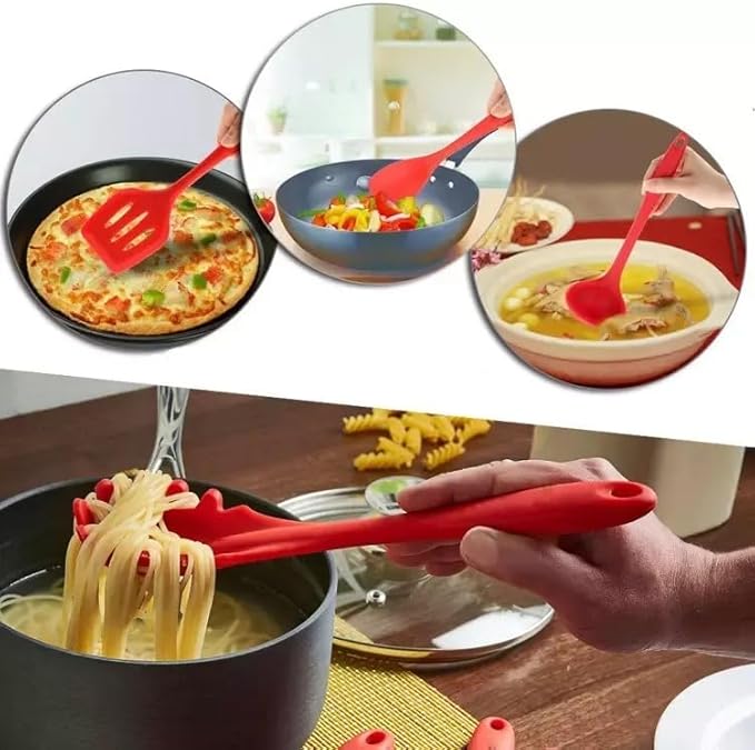 5-Piece Silicone Spatula Set with Egg Whisk & Basting Brush – Heat Resistant, Non-Stick, BPA-Free Kitchen Utensils for Cooking, Baking & Grilling – Dishwasher Safe – (Red, Black, Green, Pink) (Red)