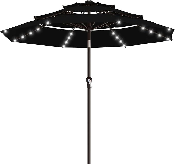 AreShark 9ft 3 Tiers Patio Umbrella with Solar Lights, Outdoor Umbrella w/ 32 LED Lights&8 Sturdy Ribs, Table Umbrella for Deck, Backyard, Pool (Black)