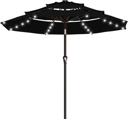 AreShark 9ft 3 Tiers Patio Umbrella with Solar Lights, Outdoor Umbrella w/ 32 LED Lights&8 Sturdy Ribs, Table Umbrella for Deck, Backyard, Pool (Black)