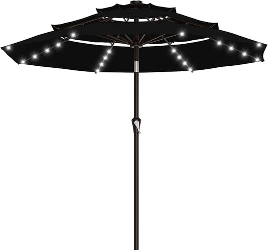 AreShark 9ft 3 Tiers Patio Umbrella with Solar Lights, Outdoor Umbrella w/ 32 LED Lights&8 Sturdy Ribs, Table Umbrella for Deck, Backyard, Pool (Black)