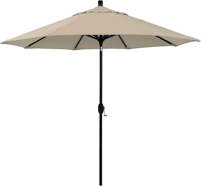 California Umbrella 12-Year-Non-Fading, 9Ft Premium Sunbrella Patio Umbrella, Hand-Crank, Button-Tilt, Black Frame, Beige Fabric