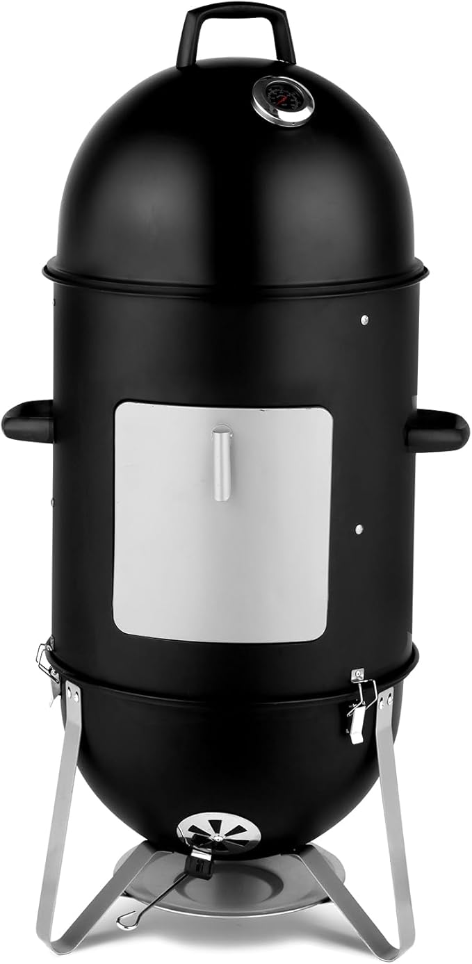 Vertical Charcoal BBQ Smoker, Round Charcoal Barbecue Grill with 3 Cooking Area, and Thermometer for Outdoor Camping Picnic Backyard Cooking, Black