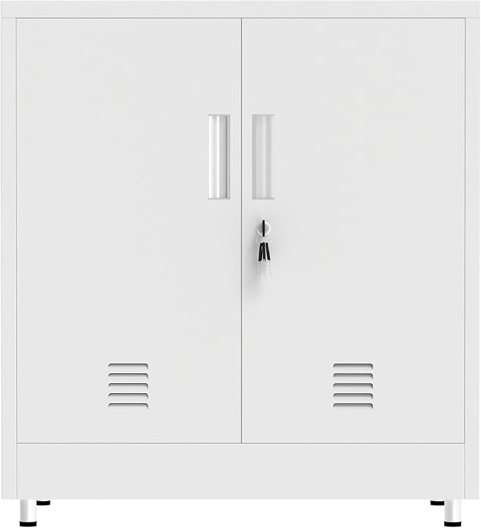 Metal Storage Cabinet with Locking Doors and Adjustable Shelf, Small Lockable Sideboard Buffet Cabinet for Home, Office, Entryway, Hallway, Living Room, Kitchen and Dining Room, White