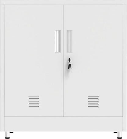 Metal Storage Cabinet with Locking Doors and Adjustable Shelf, Small Lockable Sideboard Buffet Cabinet for Home, Office, Entryway, Hallway, Living Room, Kitchen and Dining Room, White