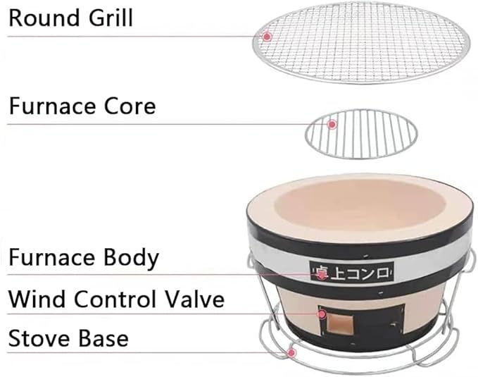 Round Table Top Charcoal Grill, Japanese Ceramic Clay BBQ Grill, Portable Barbecue Stove, Indoor Outdoor Charcoal Cooker,Charcoal Grill