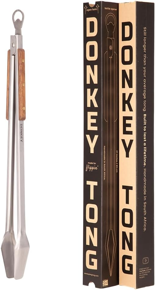 Donkey Tong 27" Long BBQ Tongs - Heavy Duty Grill Tongs for Grilling, Smoking, Charcoal & Outdoor Cooking | Handmade Stainless Steel Meat Tongs with Oak Handles | Fathers Day Gift for Grill Masters