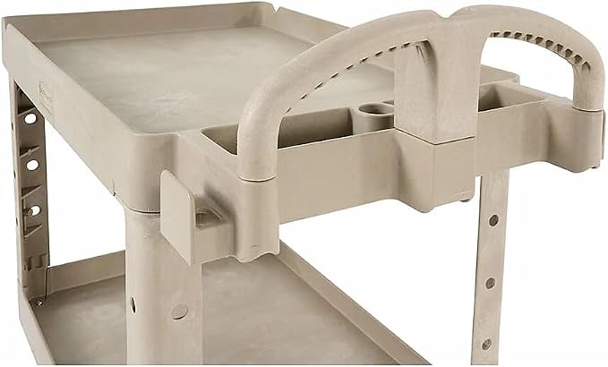 Rubbermaid Commercial Products BRUTE Heavy Duty 2-Shelf Utility/Service Cart, Medium, Lipped Shelves, Ergonomic Handle, 500 lbs. Capacity, Beige, for Warehouse/Garage/Cleaning/Maintenance