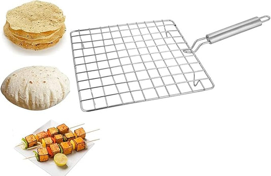 Stainless Steel Square Roti Papad Grill Roti Jali Chapathi Pipe Handle dia- 9" - 1 Pc
