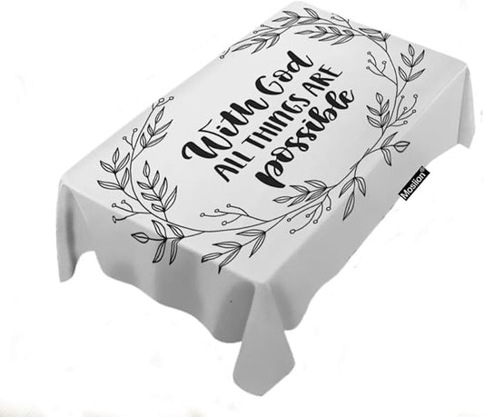 Moslion with God All Things are Possible Handwritten Letter Quote Bible Verse Floral Rectangle Tablecloth Picnic Tablecloth BBQ Table Cloths Polyester for Kitchen 60x84 Inch