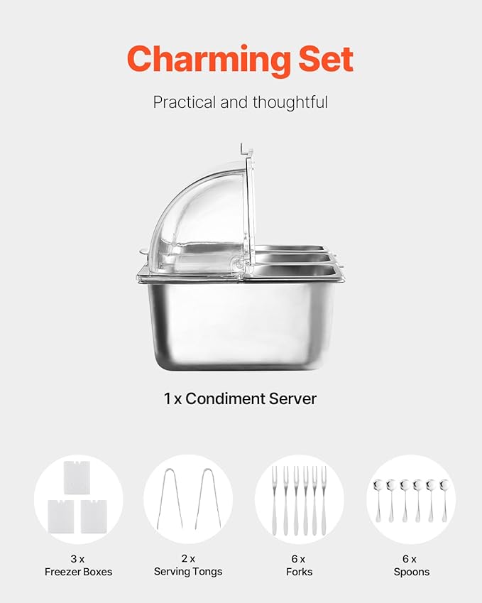 VEVOR Countertop Food Serving Display Container, 6 Pan Stainless Steel Food Serving Tray, Buffet Condiment Dispenser Display Rack with Clear Lid & 3 Freezer Boxes, for Restaurant Hotel Kitchen Party