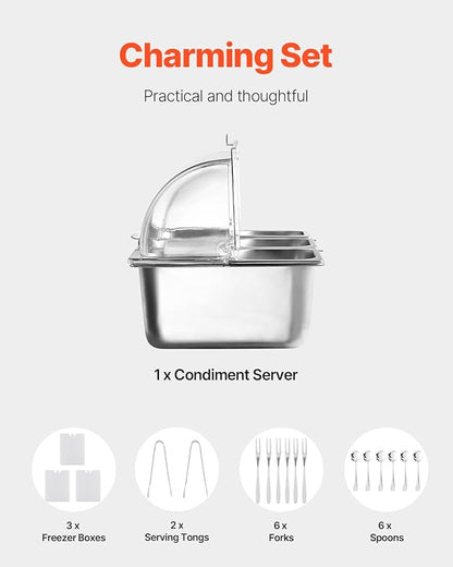 VEVOR Countertop Food Serving Display Container, 6 Pan Stainless Steel Food Serving Tray, Buffet Condiment Dispenser Display Rack with Clear Lid & 3 Freezer Boxes, for Restaurant Hotel Kitchen Party