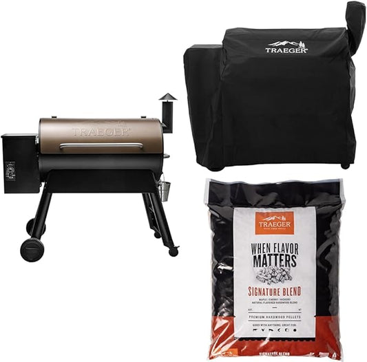 Pro 34 Wood Pellet Grill and Smoker, Bronze with Full-Length Cover and Signature Blend Pellets 18 lb Bag