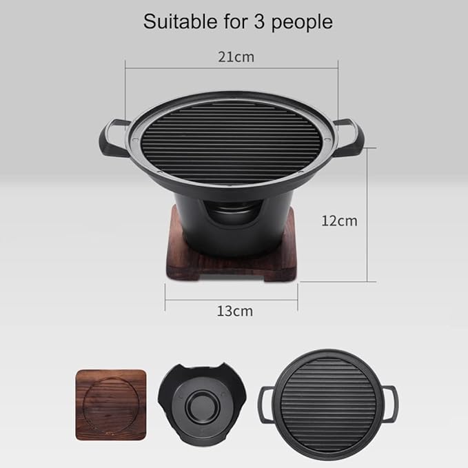 Charcoal Grill with Non-Stick Baking pan, Indoor Mini Barbecue Grill, with Wooden Base for Picnic Garden Balcony Camping (Black 21 * 12cm)