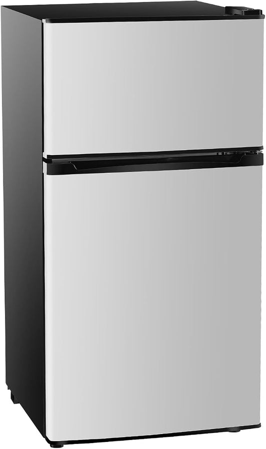 Sweetcrispy 3.2 Cu.Ft Mini Fridge with Freezer, 2 Door Small Refrigerator with Adjustable Thermostat Energy-efficient Low Noise, Compact Fridge for Bedroom, Office, Dorm, Silver