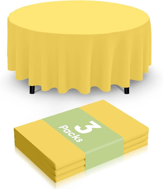 Smiry Disposable Table Cloth 3 Pack, 84 Inch Round Waterproof Plastic Tablecloth, Decorative Round Table Covers for Party, Birthday, Picnic, Yellow