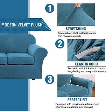 H.VERSAILTEX Real Velvet Plush 3 Piece Stretch Sofa Covers Couch Covers for 2 Cushion Couch Sofa Slipcovers Width Up to 90 Inch Feature Thick Soft Stay in Place (Large Sofa, Peacock Blue)