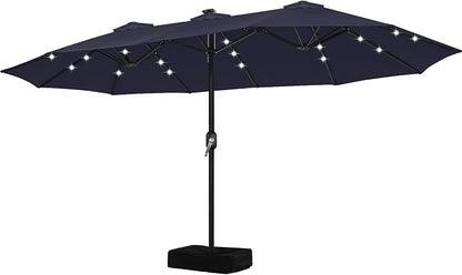 ABCCANOPY 15FT Solar LED Double-Sided Umbrella with Base, Navy Blue | Rectangular Outdoor Table Umbrella with Crank, Heavy Duty Market Umbrella Shade for Garden,Poolside, Lawn, Backyard