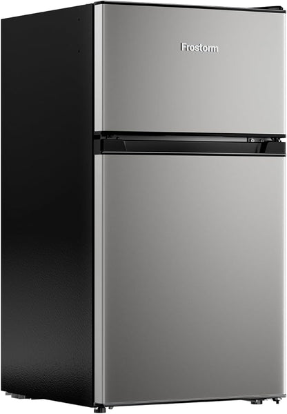 3.2 Cu Ft Mini Fridge with Freezer - Energy Efficient, Double Door Upright Freezer for Bedroom, Office & Dorm | Small Fridge, Glass Shelves,Interior Light,ETL Certified,etc(Silver)