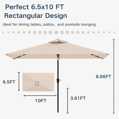 6.5 x 10ft Rectangular Patio Umbrella with Solar Lights, 16 LED Lighted Market Umbrella with Push-Button Tilt and Crank, 6 Sturdy Iron Ribs for Garden, Deck, Pool, Beige