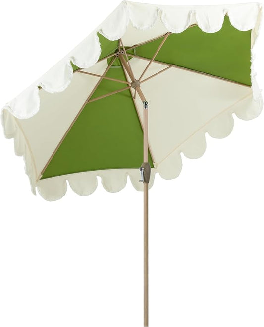 Tempera 9ft Scalloped Patio Umbrellas with Fringe, Market Umbrellas with Water-Resistant and Fade Resistant Canopy, 1.5" Wood Pole & Button Tilt.