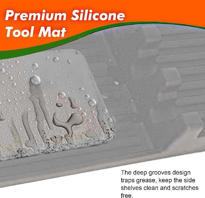 3 in 1 Grill Side Shelf Mat,Silicone Large Non-slip Grill Tool Mat for Blackstone,Utensil Rest with Drip Pad for Flat Top Grill Accessories, Outdoor Grill Utensils Holder for BBQ,Gray