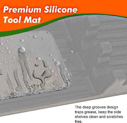 3 in 1 Grill Side Shelf Mat,Silicone Large Non-slip Grill Tool Mat for Blackstone,Utensil Rest with Drip Pad for Flat Top Grill Accessories, Outdoor Grill Utensils Holder for BBQ,Gray