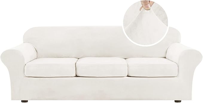 H.VERSAILTEX High Stretch Sofa Slipcover 4 Piece Cover Velvet Furniture Protector Form Fit Thick Velvet Extra Large Sofa Cover for 3 Cushion Couch Width Up to 97 Inch (Large Sofa, Porcelain White)