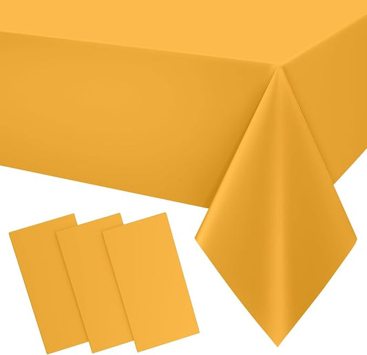 Smiry Disposable Table Cloth 3 Pack, 54 x 108 Inch Waterproof Plastic Tablecloth, Decorative Rectangle Table Covers for Party, Birthday, Picnic, Mustard Yellow