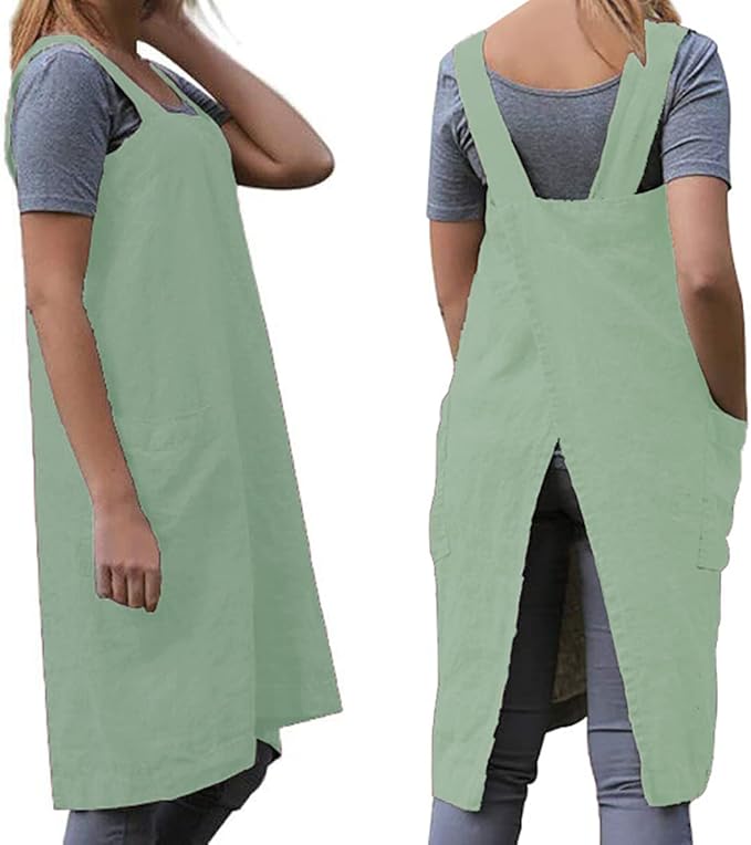 TBA Cotton Linen Apron Cross Back Apron for Women with Big Pockets Square Pinafore Dress for Baking Cooking BBQ & Grill