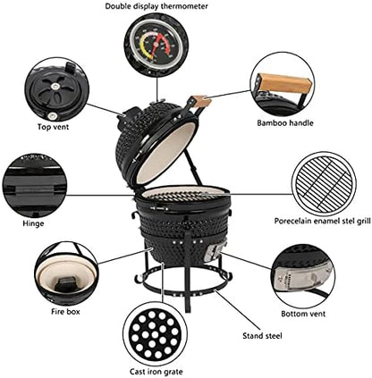 13inch Round Ceramic Charcoal Grill For Outdoor Fuel Efficient Fully Body Cooking Barbecue Grill with Wheels Thermometer (Ceramic Smoker)