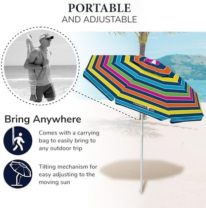 Caribbean Joe Beach Umbrella, Portable and Adjustable Tilt Sun Umbrella with UV Protection, Vented Canopy, Full 6.5 ft Arc