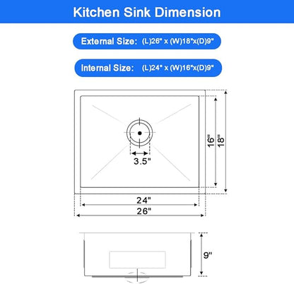 26 x 18 Inch Undermount Kitchen Bar Sink, Handmade Single Bowl 304 Stainless Steel Wet RV Sinks, Indoor and Outdoor Deep Kitchen Laundry Basin with Accessories