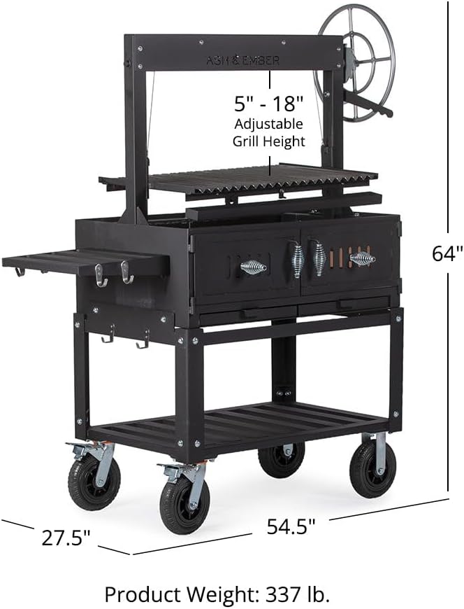 Ash & Ember Santa Maria Grill, Wood & Charcoal Argentine Grill, Hand Wheel for Adjustable Heat Control, BBQ Grill with V-Grates & Grease Trap, Argentinian Grills with Bottom & Side Shelf