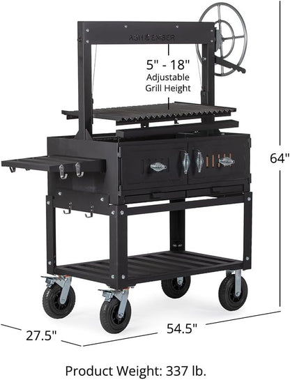 Ash & Ember Santa Maria Grill, Wood & Charcoal Argentine Grill, Hand Wheel for Adjustable Heat Control, BBQ Grill with V-Grates & Grease Trap, Argentinian Grills with Bottom & Side Shelf
