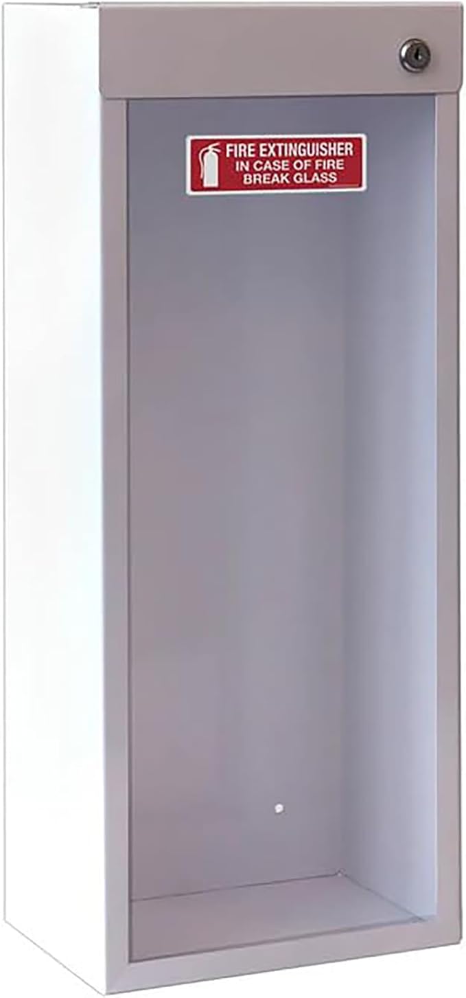 Fire Extinguisher Mount for Wall & Surface - Break Glass Window, 22 Gauge Steel, USA Made - Fire Extinguisher Cabinet Storage w/Metal Handle for Indoor & Outdoor Use - White