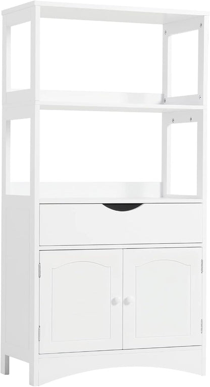 DICTAC Kitchen Pantry Storage Cabinets with Shelves,Drawer and Doors,Microwave Cart with Storage,Freestanding Floor Sideboard Cabinet with Microwave Space,Bookshelf,Display Unit for Home,White