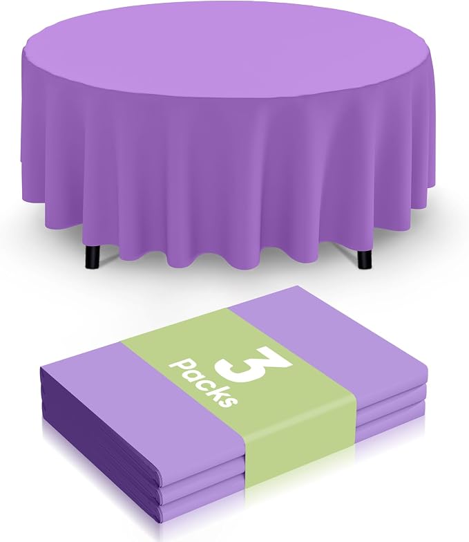 Smiry Disposable Table Cloth 3 Pack, 84 Inch Round Waterproof Plastic Tablecloth, Decorative Round Table Covers for Party, Birthday, Picnic, Lavender