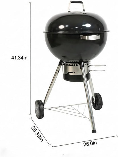 22 Inch Grill with Thermometer, Portable Charcoal BBQ for Outdoor Backyard, Steel Construction with Wheels & Ash Collector, Classic Black