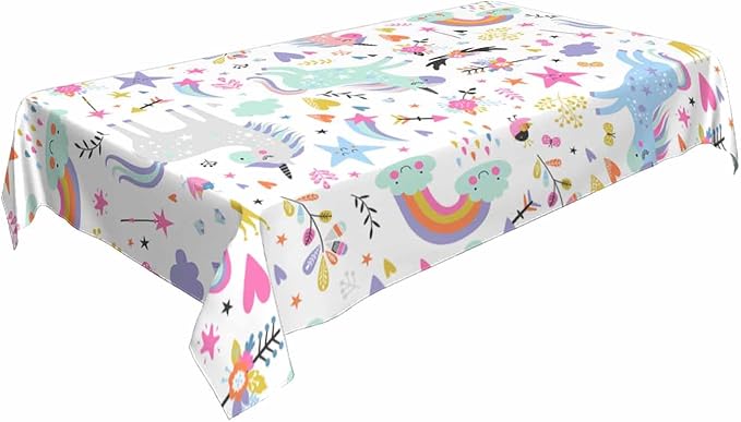 TKS MITLAN Unicorn Tablecloth Decor Rainbow Cute Doodle Fun Beautiful Cartoon Art Blue Flowers Leaf Table Cloth Dining Room Kitchen Table Cover 60" X 84" Oblong/Rectangle