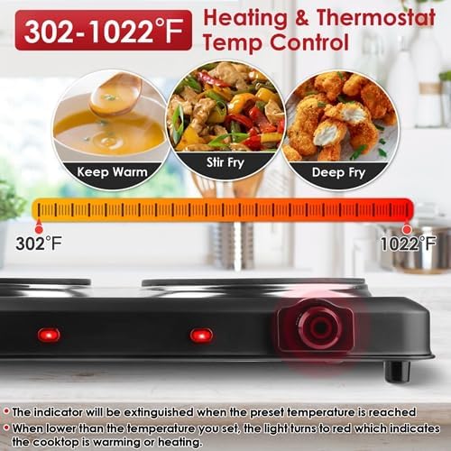1800W Portable Dual Burner Heating Stove, Countertop RV Stove with 7.5" & 6.3" Glass Cooktop, Stepless Temperature Adjustment