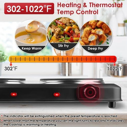 1800W Portable Dual Burner Heating Stove, Countertop RV Stove with 7.5" & 6.3" Glass Cooktop, Stepless Temperature Adjustment