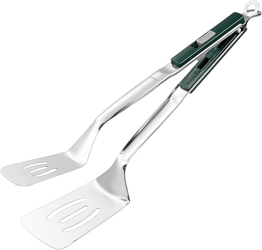 M METERXITY Spatula Tongs, 13.4 Inch 304 Stainless Steel Anti-Scald Extended Multifunctional Flipper Grill Clamp for Cooking/Barbecue, Kitchen Cooking Tongs [Green Handle, Silver Tone]